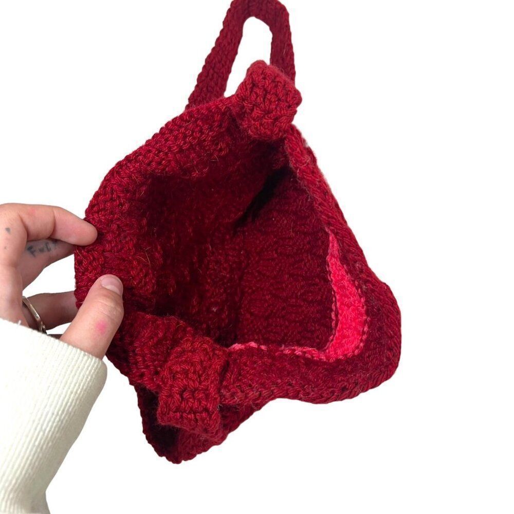Handmade Crochet Knit Purse Set Red & Pink Yarn Button Shoulder Bag & Coin Pouch - Picture 8 of 11